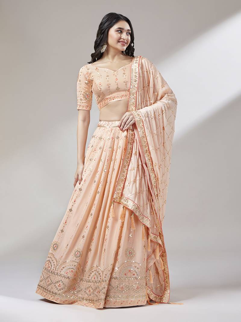 Panchhi Women Peach Pure Georgette Embroidered Semi-Stitched Lehenga & Unstitched Blouse, Dupatta
