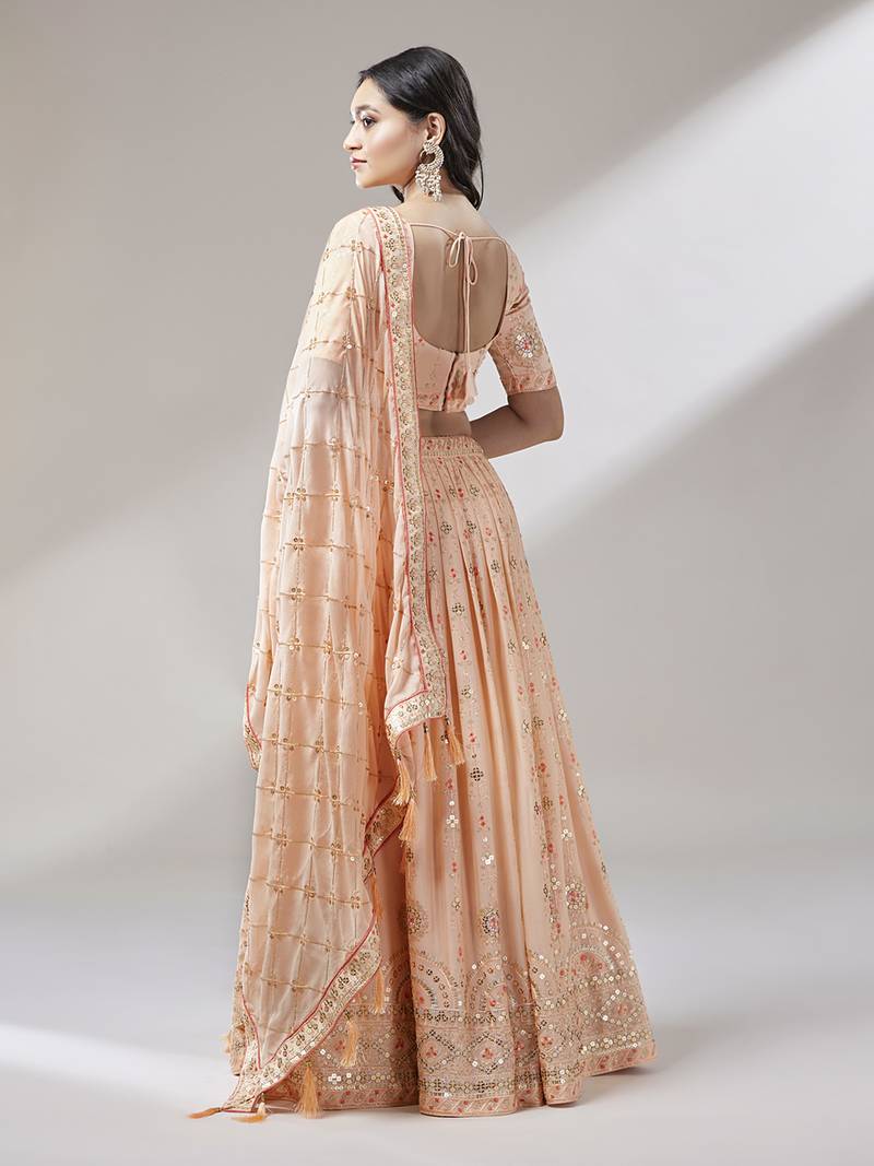 Panchhi Women Peach Pure Georgette Embroidered Semi-Stitched Lehenga & Unstitched Blouse, Dupatta