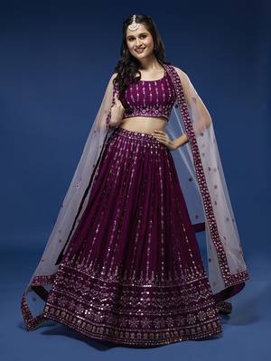 Panchhi Women Burgundy Pure Georgette Sequinse Embroidered Semi-Stitched Lehenga & Blouse, Dupatta 1