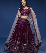 Panchhi Women Burgundy Pure Georgette Sequinse Embroidered Semi-Stitched Lehenga & Blouse, Dupatta