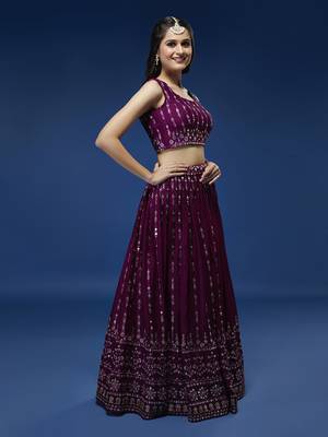 Panchhi Women Burgundy Pure Georgette Sequinse Embroidered Semi-Stitched Lehenga & Blouse, Dupatta 2