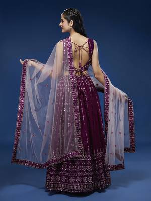 Panchhi Women Burgundy Pure Georgette Sequinse Embroidered Semi-Stitched Lehenga & Blouse, Dupatta 3