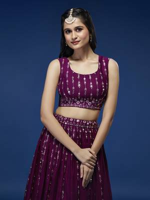 Panchhi Women Burgundy Pure Georgette Sequinse Embroidered Semi-Stitched Lehenga & Blouse, Dupatta 4