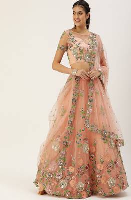 Panchhi Women Peach Net Sequinse Embroidered Semi-Stitched Lehenga & Blouse with Dupatta 1