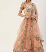 Panchhi Women Peach Net Sequinse Embroidered Semi-Stitched Lehenga & Blouse with Dupatta