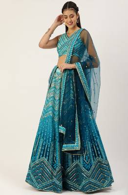 Panchhi Women Teal shading Net Sequinse Embroidered Semi-Stitched Lehenga & Blouse with Dupatta 1