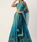 Panchhi Women Teal shading Net Sequinse Embroidered Semi-Stitched Lehenga & Blouse with Dupatta