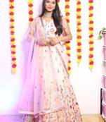 Panchhi Women Peach Net Sequinse Embroidered Semi-Stitched Lehenga & Blouse with Dupatta