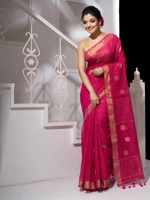 Pink handloom saree with sequins and zari border 1