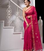 Pink handloom saree with sequins and zari border