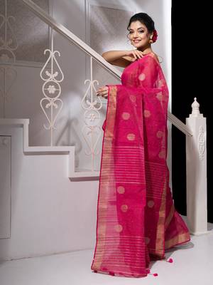 Pink handloom saree with sequins and zari border 3