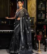 Black  handloom saree with sequins and silver zari border