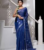 deep blue handloom saree with sequins and silver  zari border