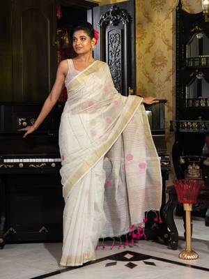 White  handloom saree with sequins and  zari border 1