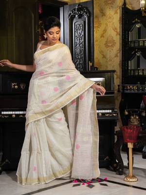 White  handloom saree with sequins and  zari border 3