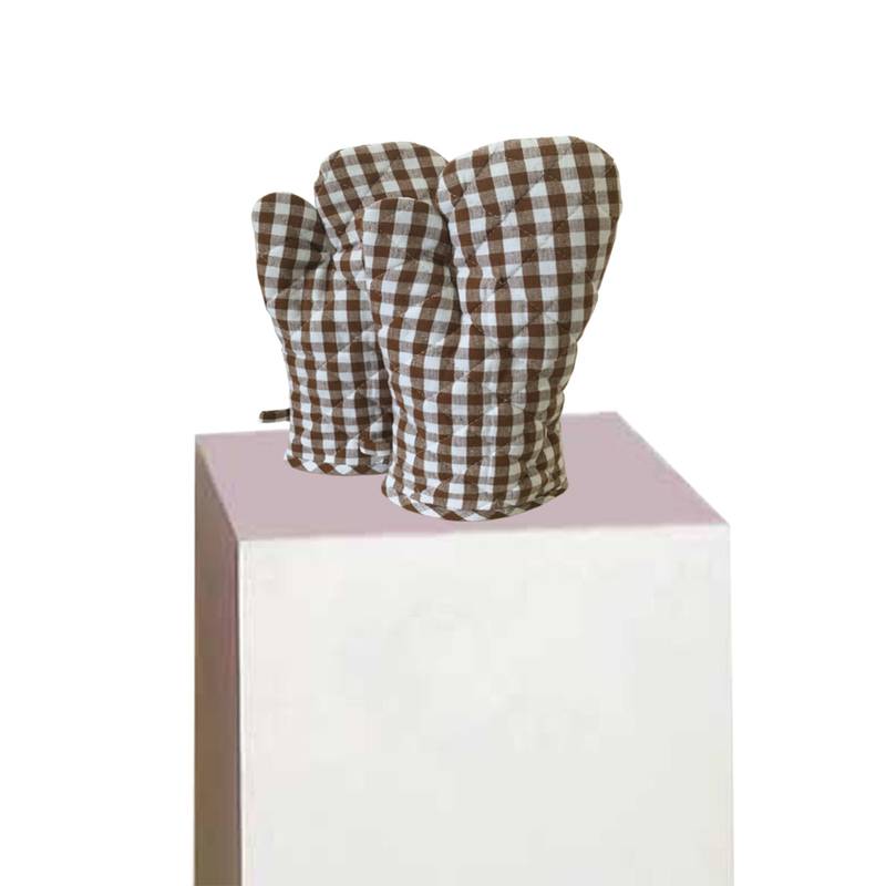Lushomes Brown Small Checks Heat ResisCreamt Kitchen Oven Mitten, Pack of 2 (Size 17 x 32 cms, 2 pc Set)