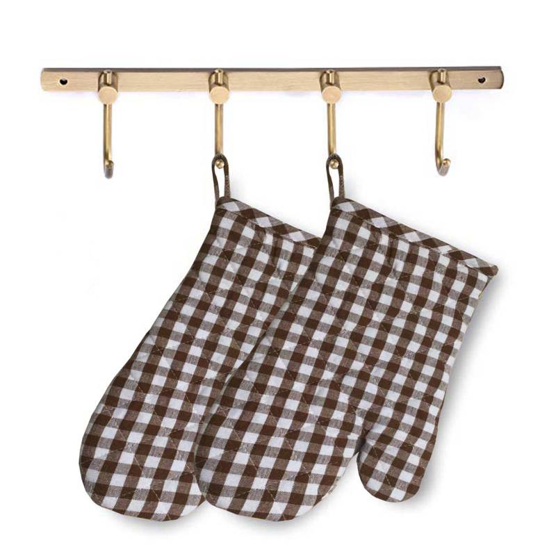 Lushomes Brown Small Checks Heat ResisCreamt Kitchen Oven Mitten, Pack of 2 (Size 17 x 32 cms, 2 pc Set)