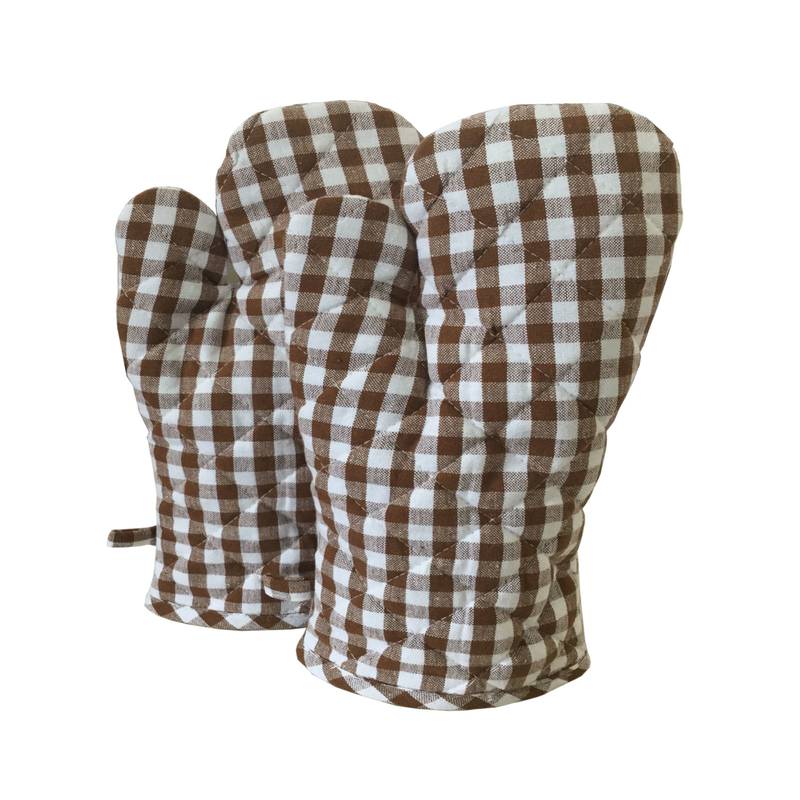 Lushomes Brown Small Checks Heat ResisCreamt Kitchen Oven Mitten, Pack of 2 (Size 17 x 32 cms, 2 pc Set)