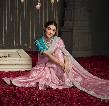 Light hot pink embroidered pure silk saree with blouse 2