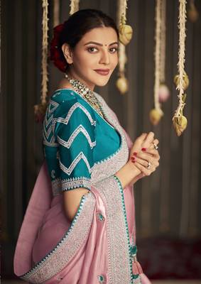 Light hot pink embroidered pure silk saree with blouse 3
