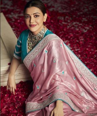 Light hot pink embroidered pure silk saree with blouse 4