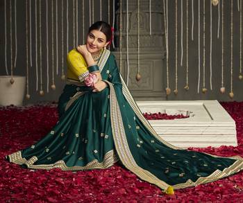 Dark green embroidered pure silk saree with blouse 2