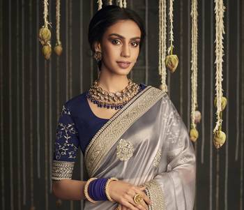 Light grey embroidered pure silk saree with blouse 2