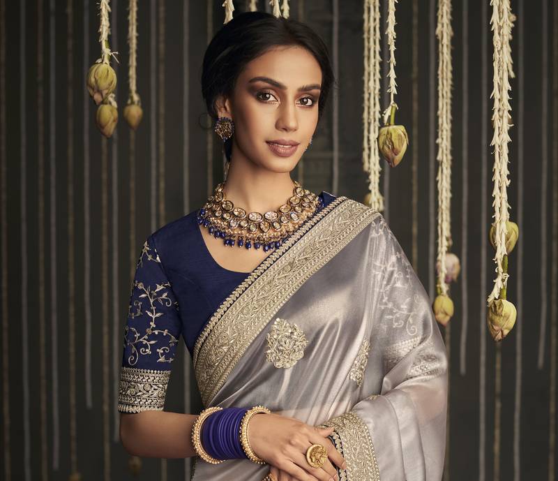 Light grey embroidered pure silk saree with blouse