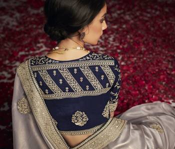 Light grey embroidered pure silk saree with blouse 3
