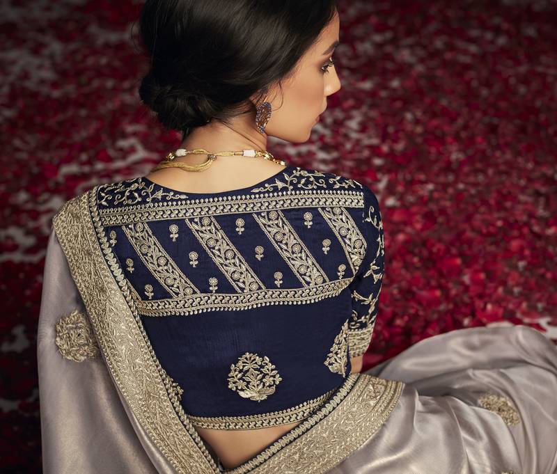Light grey embroidered pure silk saree with blouse