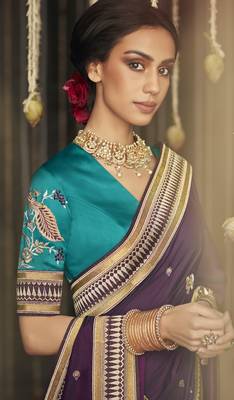 Dark violet embroidered pure silk saree with blouse 2