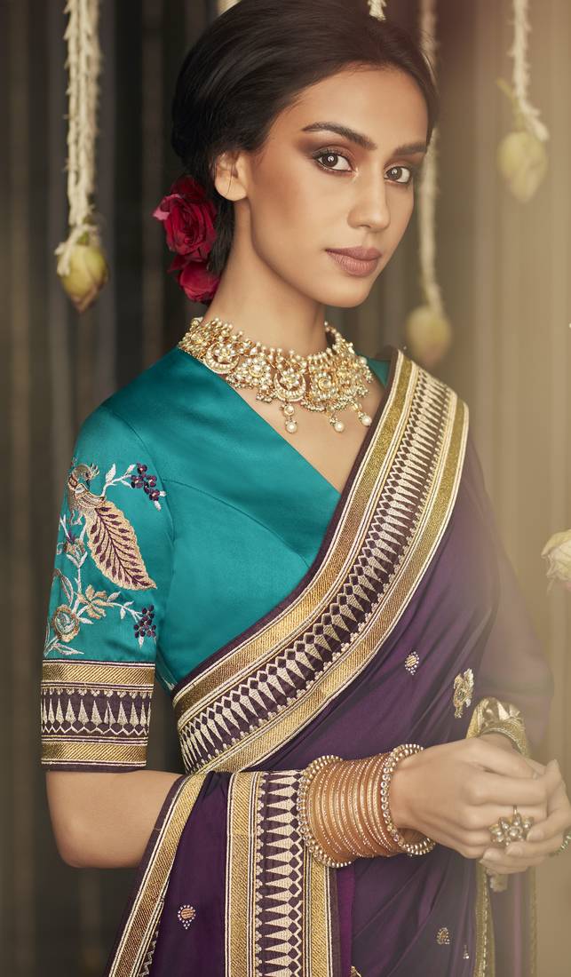 Dark violet embroidered pure silk saree with blouse