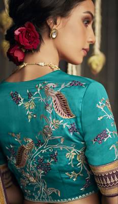 Dark violet embroidered pure silk saree with blouse 3