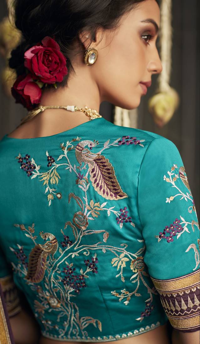 Dark violet embroidered pure silk saree with blouse