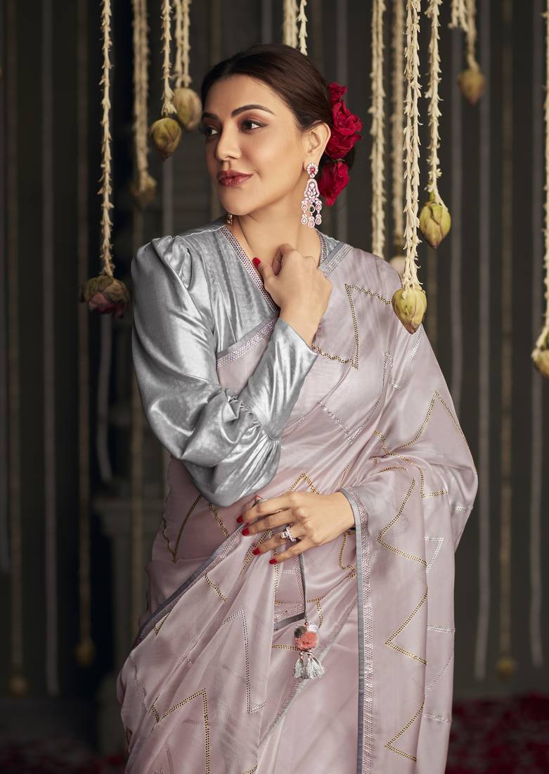 Light pink embroidered pure silk saree with blouse