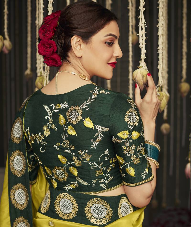 Mustard embroidered pure silk saree with blouse
