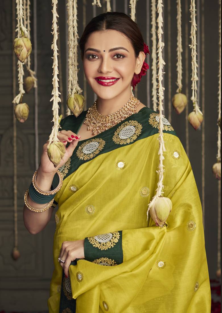 Mustard embroidered pure silk saree with blouse