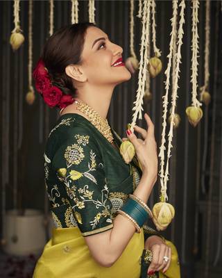 Mustard embroidered pure silk saree with blouse 4