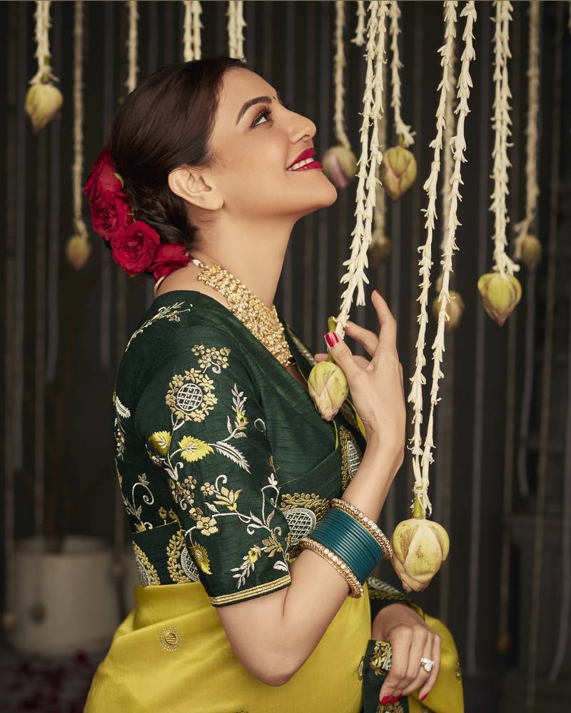 Mustard embroidered pure silk saree with blouse