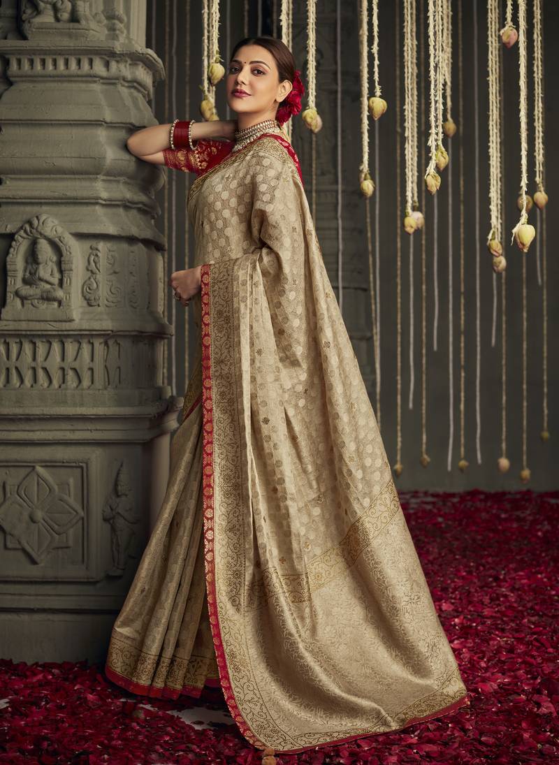 Beige embroidered pure silk saree with blouse