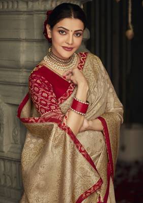 Beige embroidered pure silk saree with blouse 3