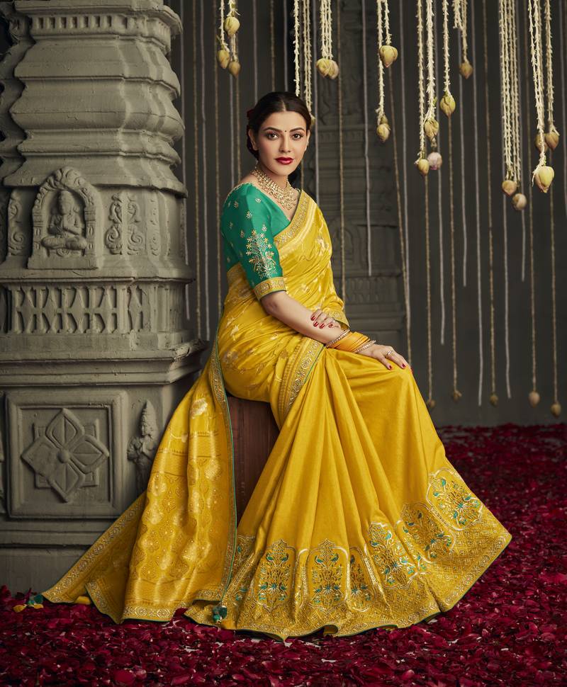 Mustard embroidered pure silk saree with blouse