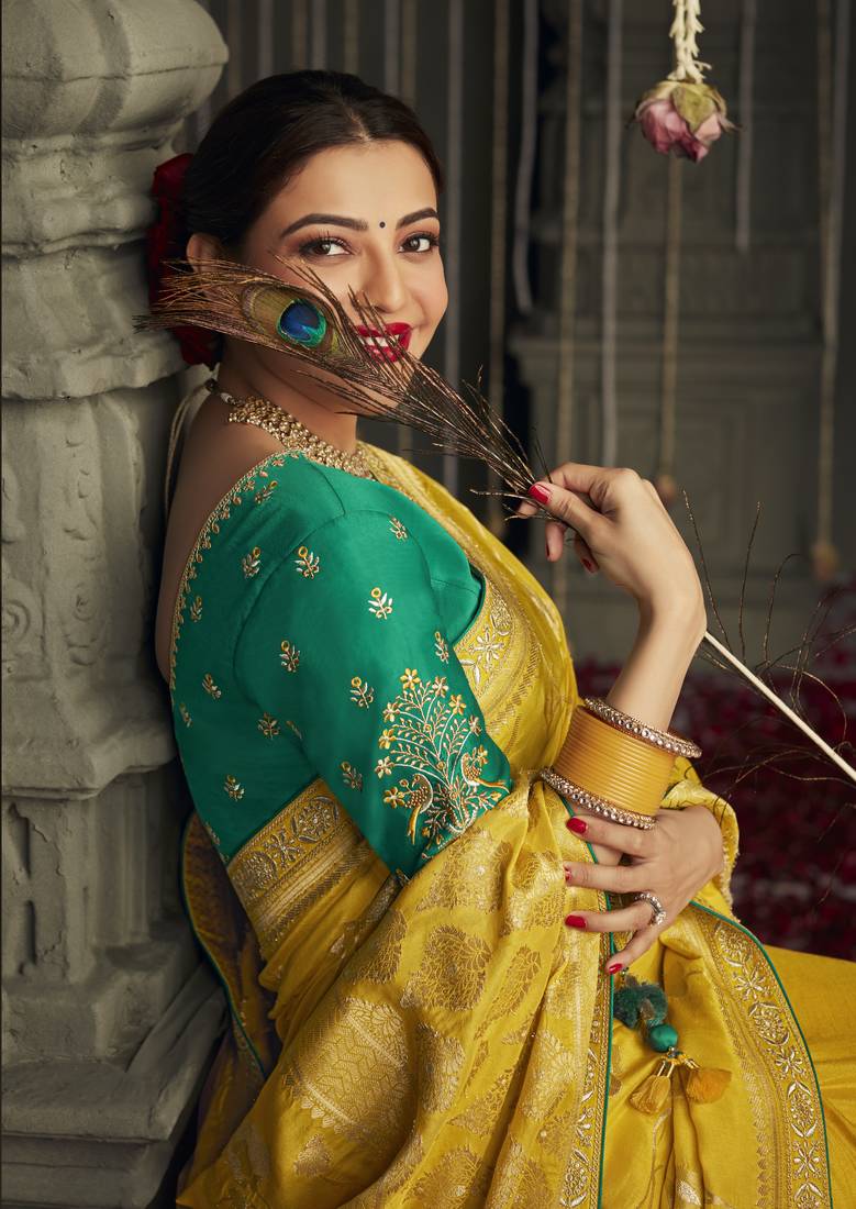 Mustard embroidered pure silk saree with blouse