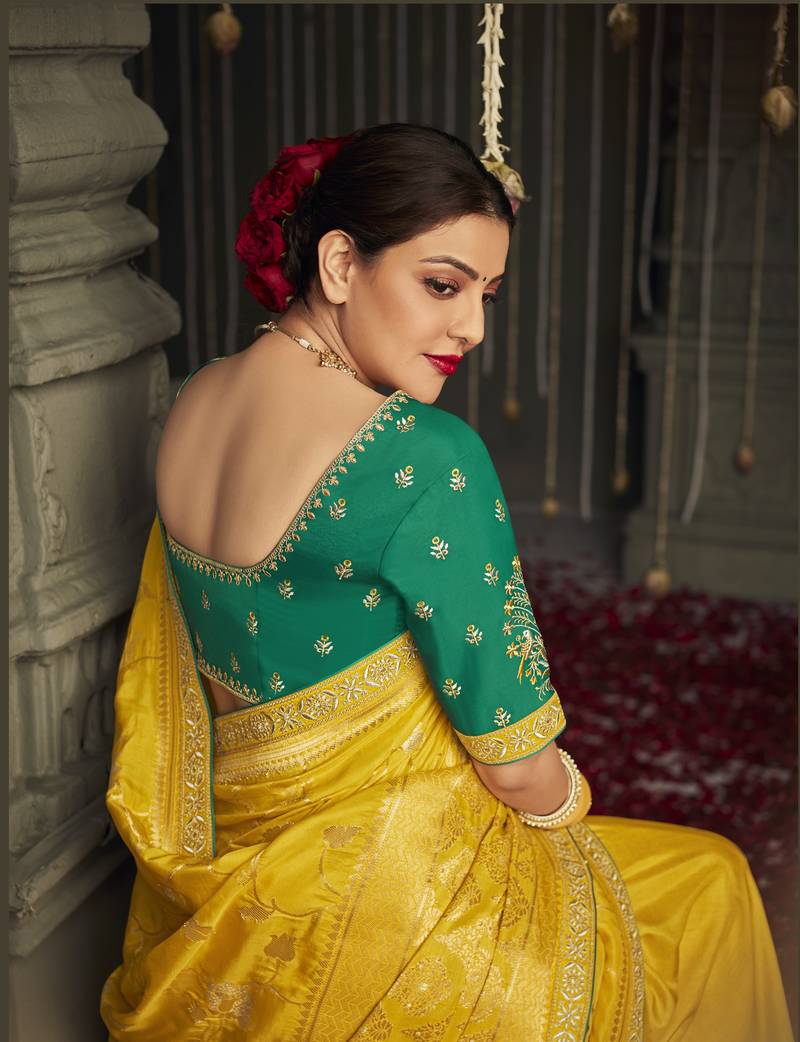 Mustard embroidered pure silk saree with blouse