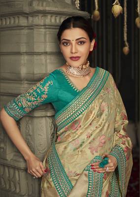 Beige embroidered pure silk saree with blouse 2