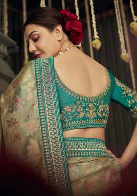 Beige embroidered pure silk saree with blouse 4