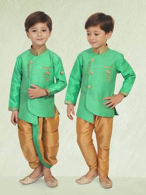Green embroidered silk blend boys-dhoti-kurta 1