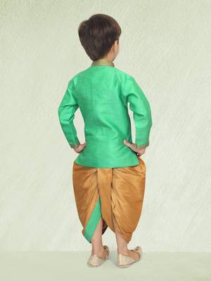 Green embroidered silk blend boys-dhoti-kurta 2