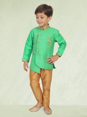 Green embroidered silk blend boys-dhoti-kurta 3