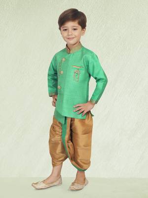 Green embroidered silk blend boys-dhoti-kurta 4